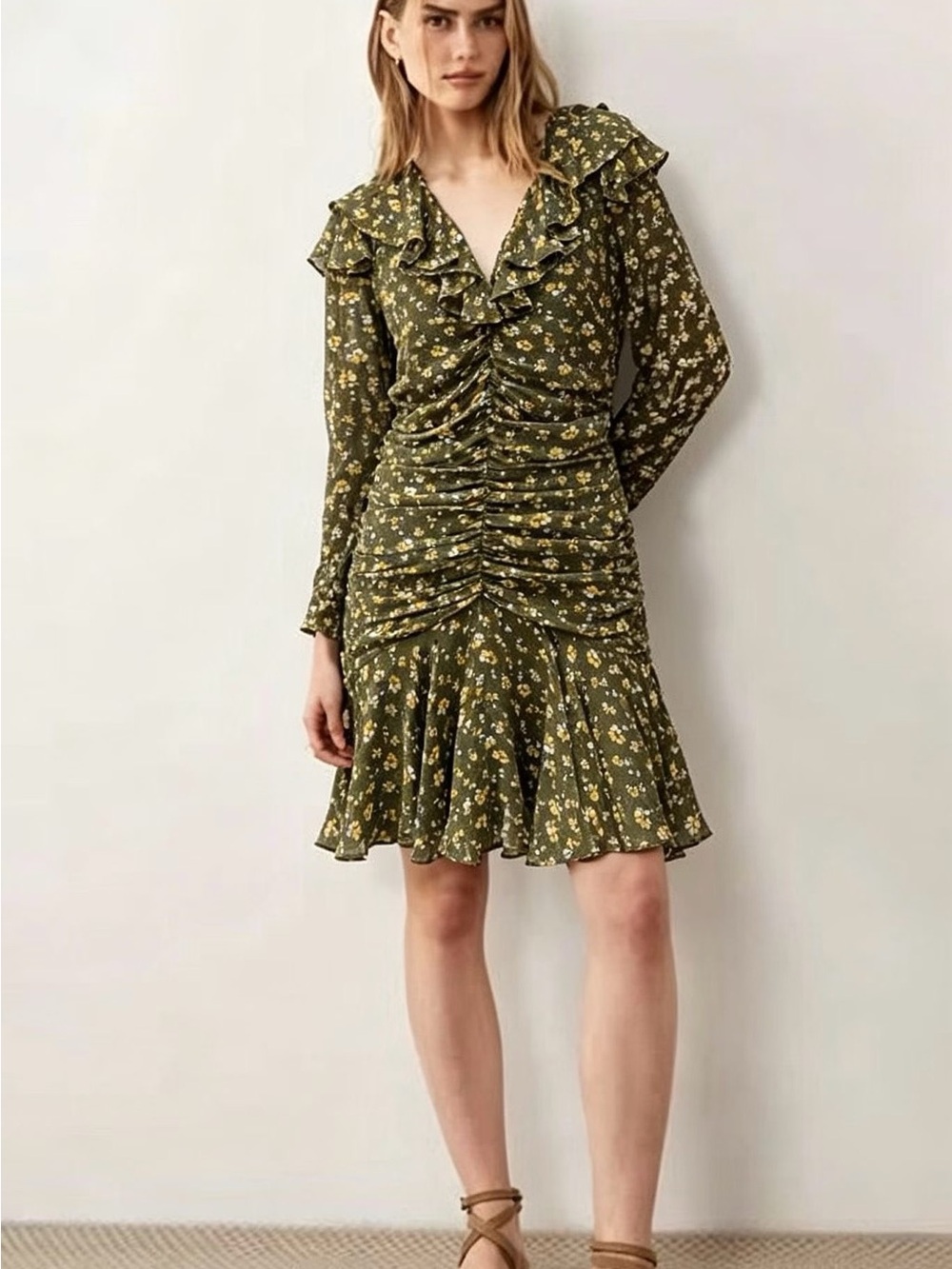 Veronica Beard Green Floral Silk Ruched Ruffle Dress Size US 6